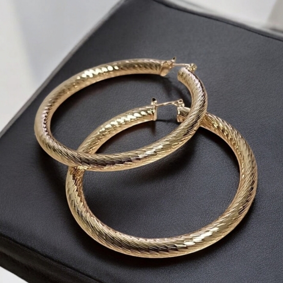 ANNE KLEIN Large Gold Hoops 60mm 2.38" Etched Textured Hoop Earrings Luxe Vibe - Picture 12 of 12